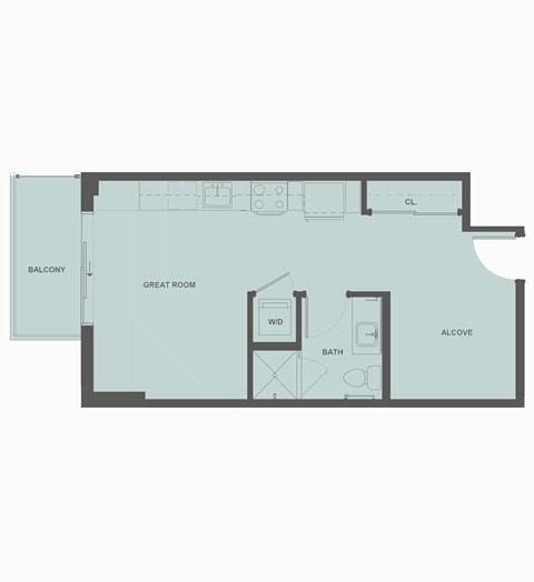 Floor plan for studio, 1 bath, 492 sqft